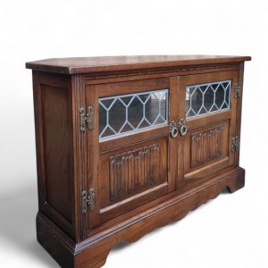 Vintage Old Charm Wood Bros / Tudor Brown Colour / Carved Oak Corner TV Cabinet / Stand / Made in England c1970 / FREE DELIVERY - Image 3