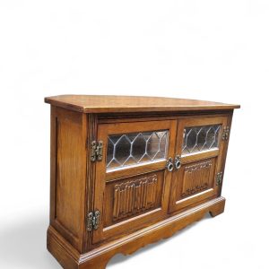 Vintage Old Charm Wood Bros / Light Oak Colour / Carved Oak Corner TV Cabinet / Made in England c1970 / FREE DELIVERY - Image 1