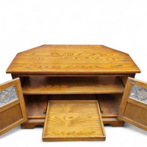 Vintage Old Charm Wood Bros / Light Oak Colour / Carved Oak Corner TV Cabinet / Made in England c1970 / FREE DELIVERY - Image 4