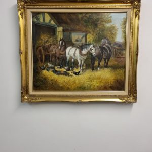 Vintage Original Oil Painting / Farmyard Scene with Horses / c.1970s / FREE DELIVERY - Image 6