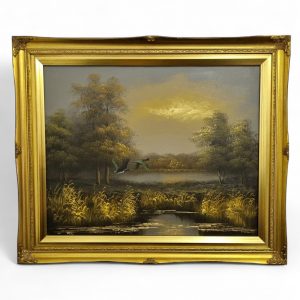 Vintage Oil Painting on Canvas / Landscape with Ducks in Flight / c1970 / FREE DELIVERY