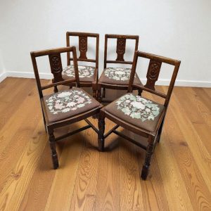 Vintage Art Deco Oak Dining Chairs / Tapestry Seats / Set of Four / c. 1930–1940 / FREE DELIVERY - Image 1