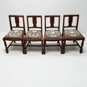 Vintage Art Deco Oak Dining Chairs / Tapestry Seats / Set of Four / c. 1930–1940 / FREE DELIVERY - Image 2