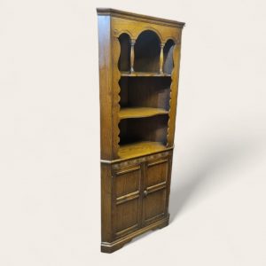 Vintage Jaycee Oak Corner Cabinet / c.1970s / Solid Oak / Gothic Revival Style