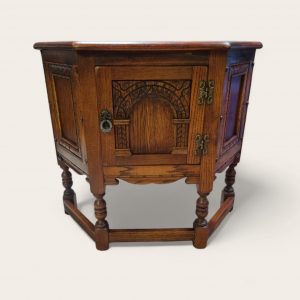 Vintage Old Charm Wood Brothers Canted Side Cabinet / Carved Oak / c1970 / FREE DELIVERY - Image 1