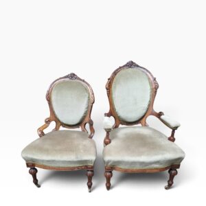 Antique Victorian His & Hers Walnut Armchairs Pair / c.1880 - Image 3
